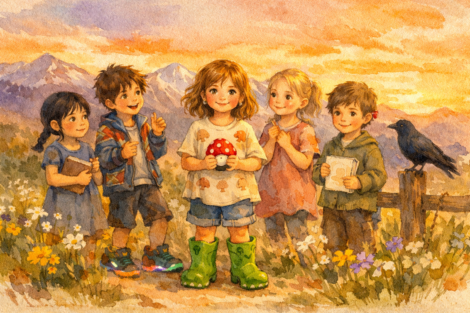 Goldie and her friends in the Colorado mountains with Sporey and Ink the crow
